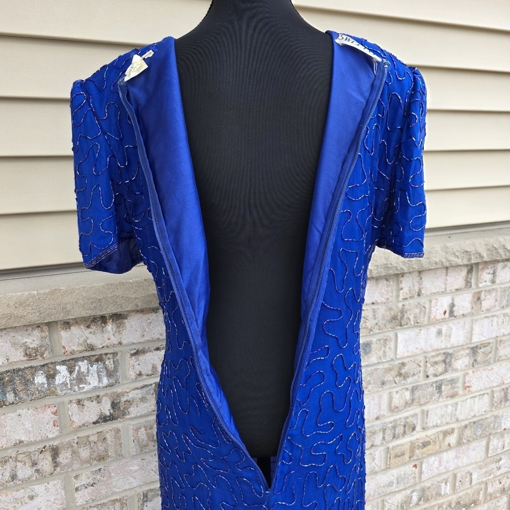 Vintage SWEELO Silk Beaded Blue Cocktail Dress 80s Art Deco Sheath M - Picture 9 of 16